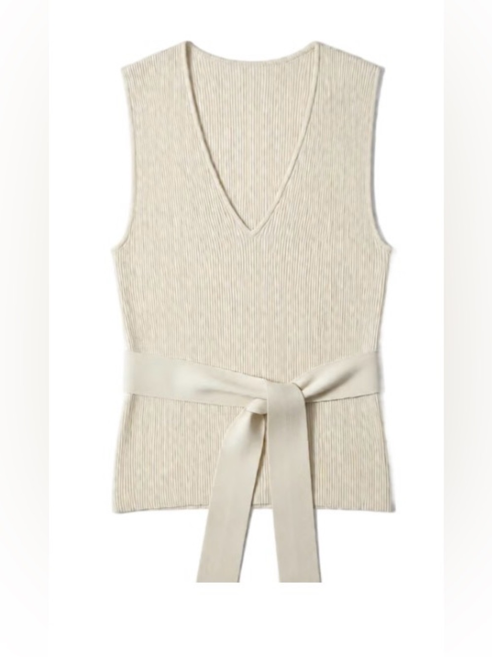 Sleeveless BCBG V-Neck Rib Knit Top with Waist Tie - Cream NWT
